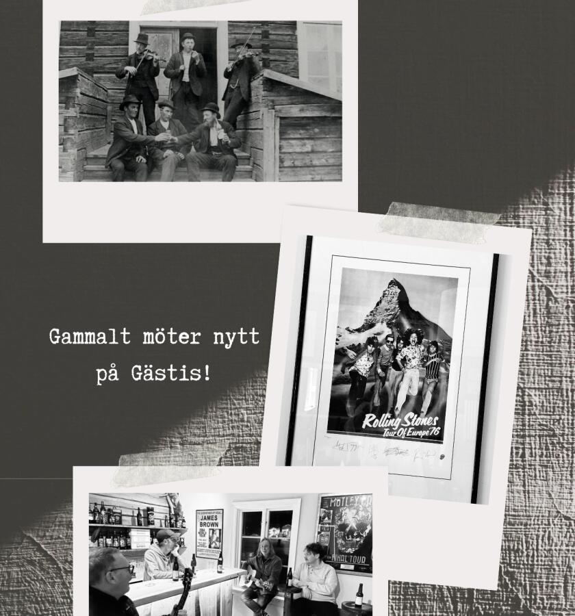 Ett bildkollage med en svartvit bild på gäster som har besökt Gästis, en svartvit bild på Rolling Stones och en svartvit bild på nya ägare, text där det står "gammalt möter nytt"